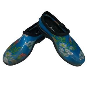 Sloggers Women's Size 7 Blue Floral Waterproof Garden Rain Shoes Clogs Slip-On